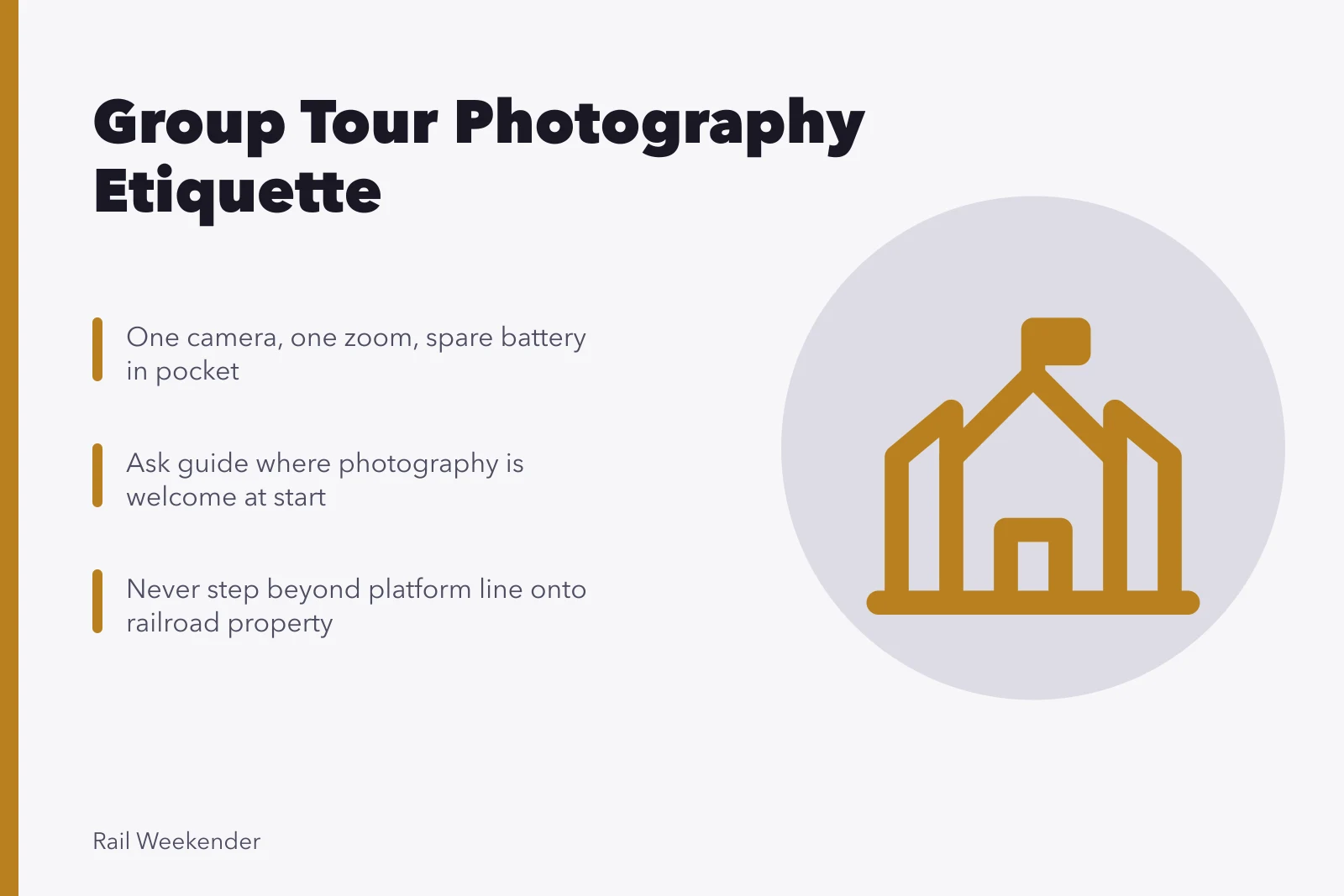 Group tour photography etiquette on a railway platform with a waiting coach. Group tour photography: working within someone else's schedule and etiquette