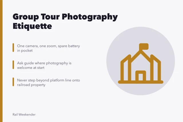 Group tour photography etiquette on a railway platform with a waiting coach. Group tour photography: working within someone else's schedule and etiquette