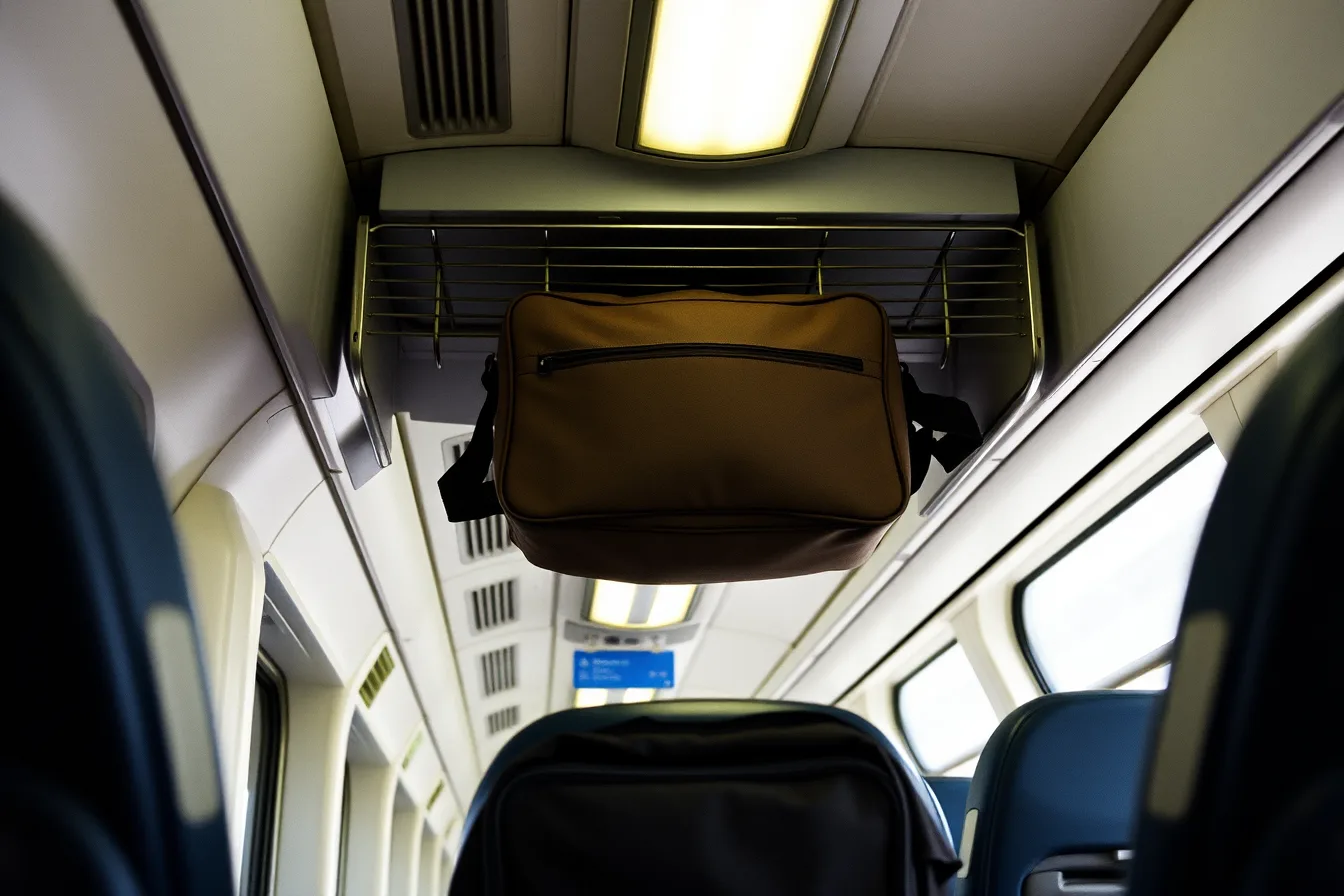One carry-on bag in a train carriage overhead rack, aisle clear below. Rail weekend itinerary, corrected: what four case studies got wrong