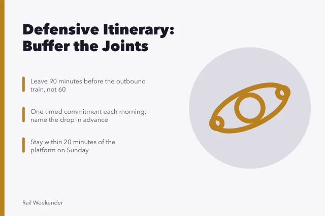 Buffered weekend itinerary plan with one anchor per day and protected return. Defensive itinerary planning: turning two days into a buffer against mistakes