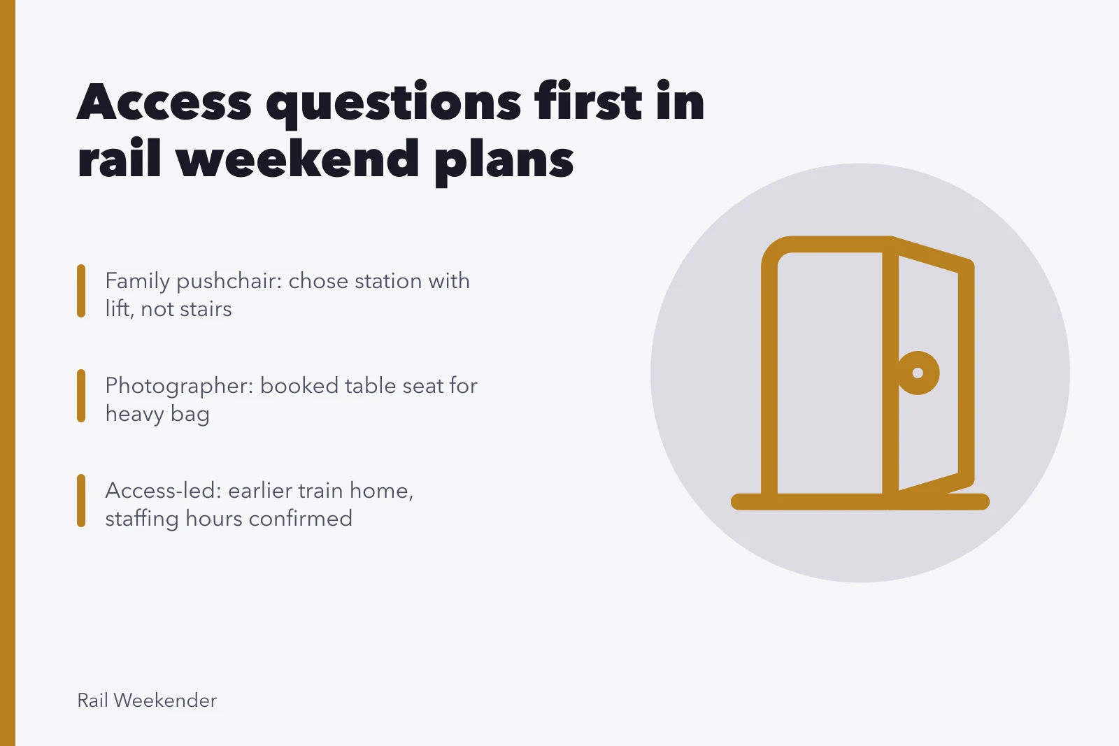 Rail access planning card: step-free routes, staffing hours, equipment questions. How access needs held up across a set of rail weekend case studies