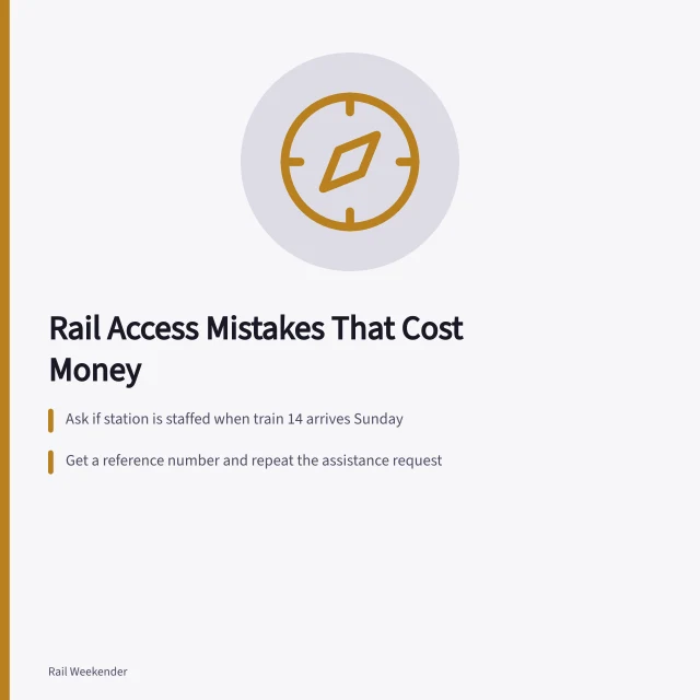 Rail accessibility planning card: staffing hours, assistance confirmation, and naming specific barriers. Spotting accessible travel mistakes before they cost money