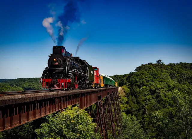 train, locomotive, travel, transportation, railroad, railway, tracks, steam, smoke, landscape, scenic, bridge, vintage, antique, nature, countryside, rural, trees, wild west