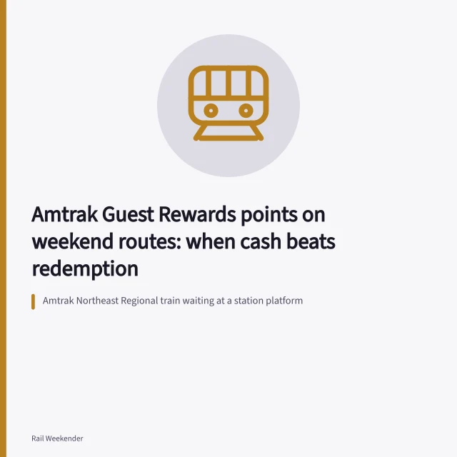 Amtrak Northeast Regional train waiting at a station platform. Amtrak Guest Rewards points on weekend routes: when cash beats redemption