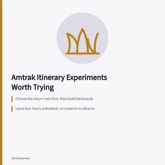 Card outlining Amtrak itinerary experiments: reverse planning, unbooked afternoons, event anchors. 4 things worth knowing about amtrak itinerary building