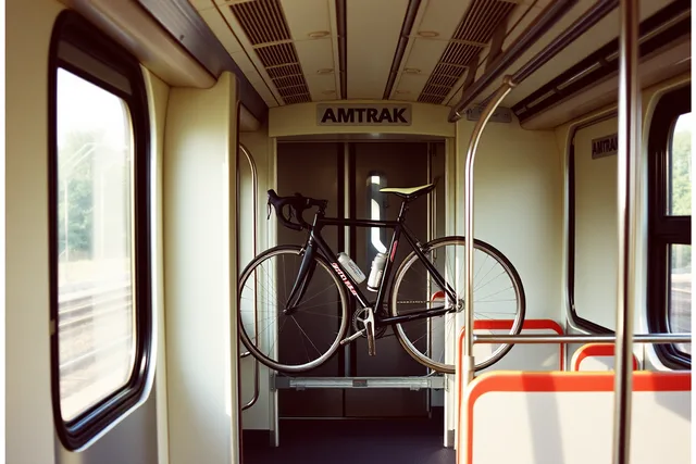 Amtrak train carriage with a bicycle secured on a roll-on bike rack. How Amtrak carry-on and bike rules work on a U.S. weekend train
