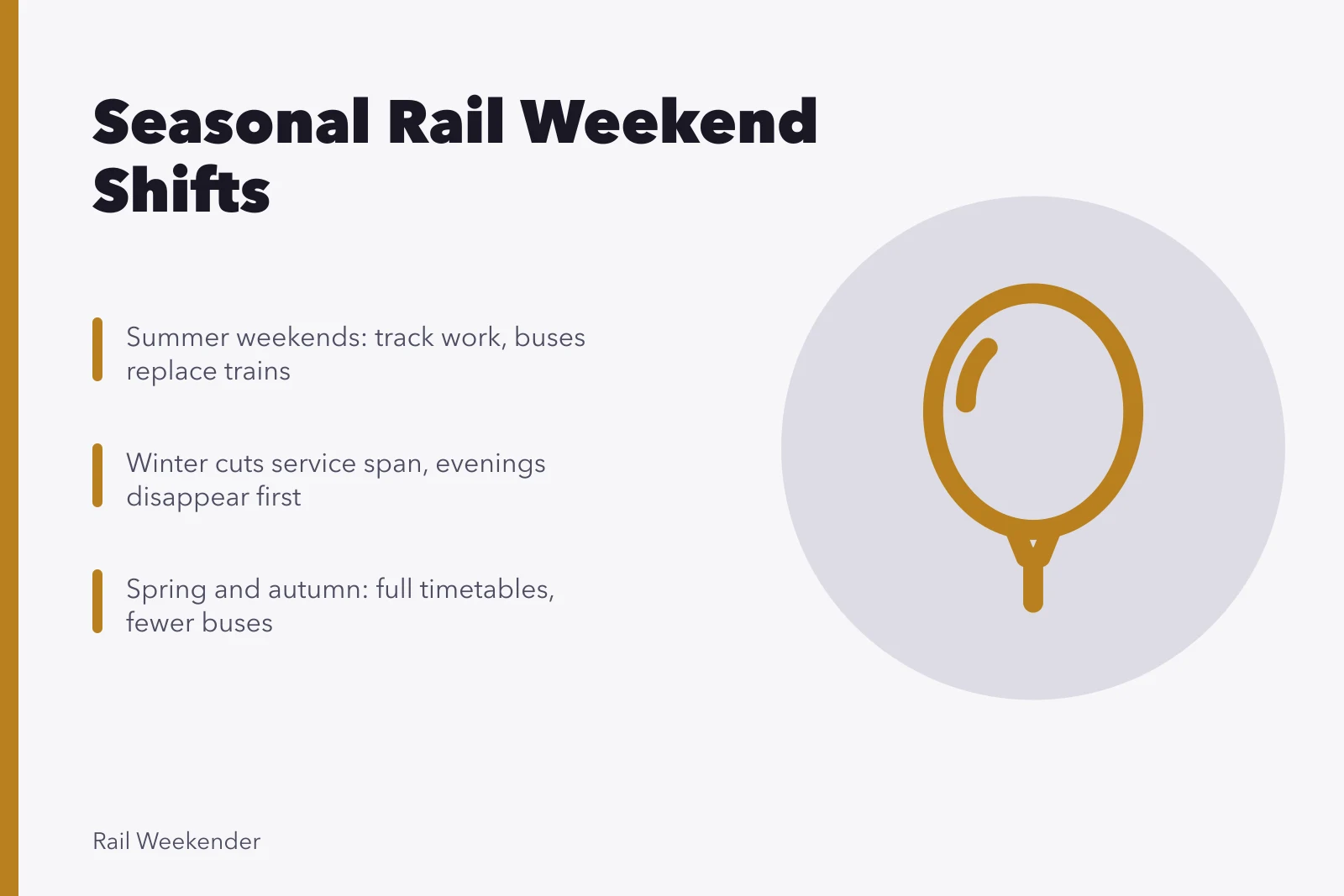 Calendar icon representing seasonal changes in regional rail weekend timetables. Regional rail weekends shift with the calendar: summer buses, winter cuts, 2027 timetables