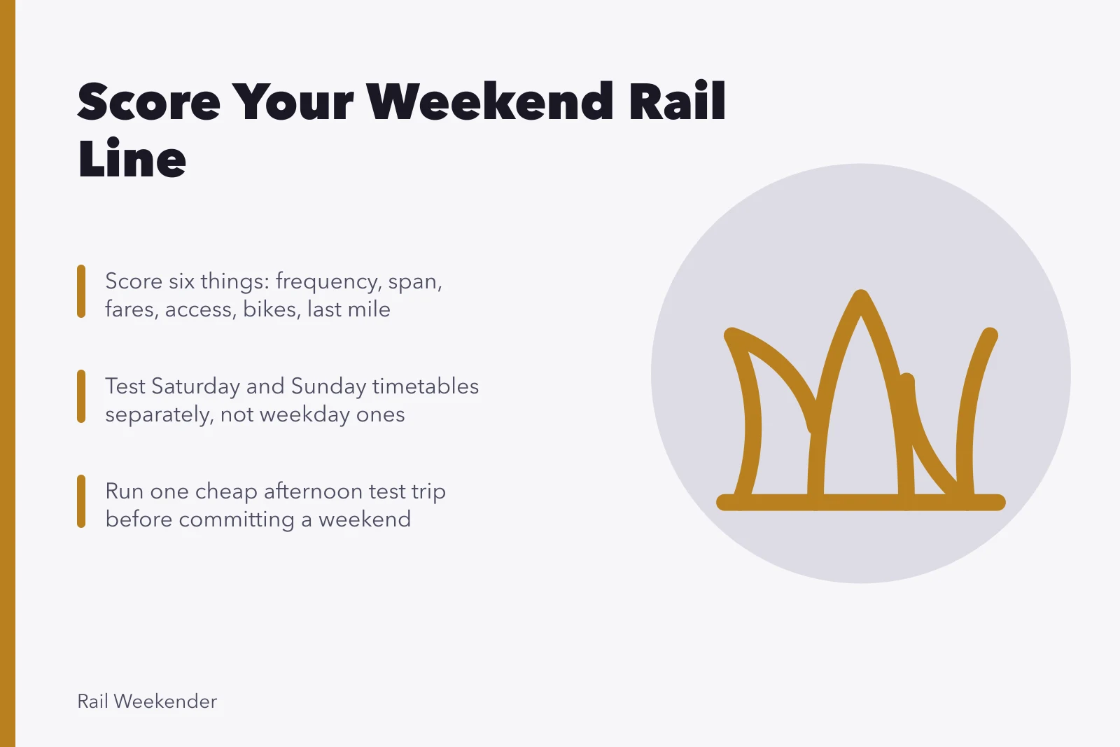 Scoring sheet for judging weekend commuter rail as leisure transport. Score your commuter rail line as a leisure ride with a repeatable 2027 test