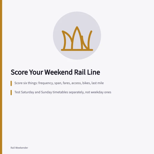 Scoring sheet for judging weekend commuter rail as leisure transport. Score your commuter rail line as a leisure ride with a repeatable 2027 test