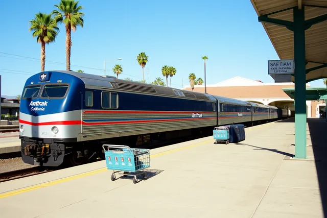 Pacific Surfliner train stopped at Santa Barbara station platform beside the waterfront. Los Angeles to Santa Barbara by Pacific Surfliner for a weekend