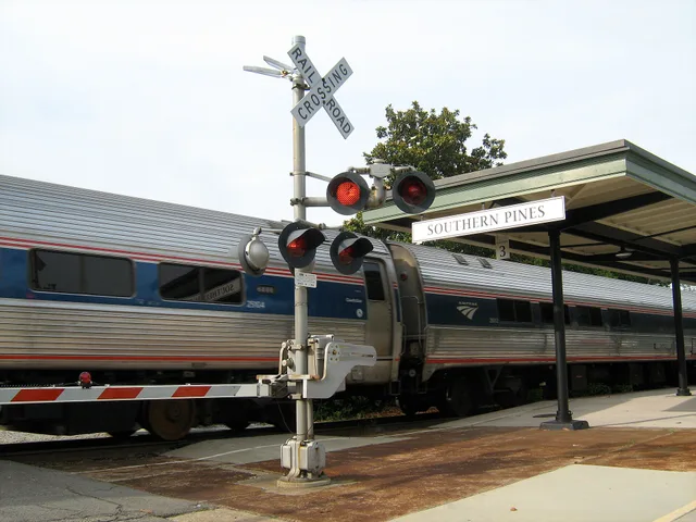 Amtrak Silver Star (northbound train number 92) at a crossing in Southern Pines. How to read an Amtrak timetable: buffers, connections, and on-time rates