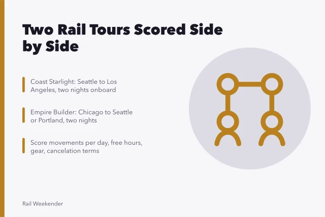 Two Amtrak rail tour itineraries compared with a fair scoring method. Two rail tour itineraries compared side by side with one fair scoring method
