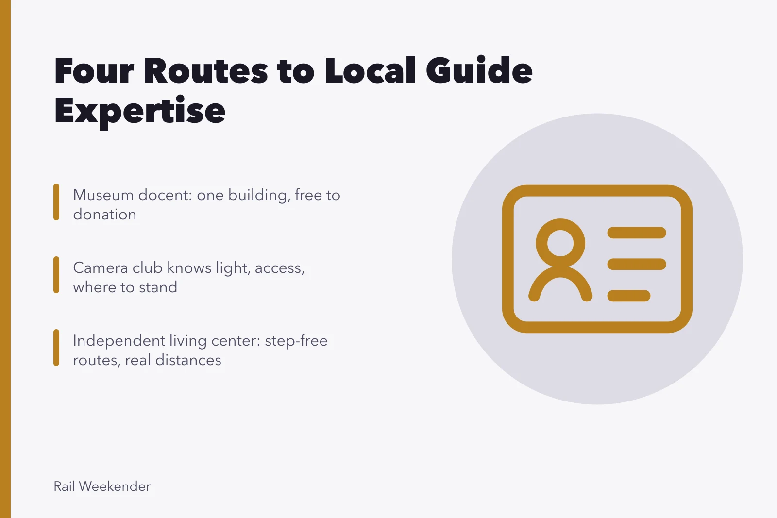Card listing four routes to finding local guides for rail travel. Four routes to local expertise: how the case-study travelers found their guides