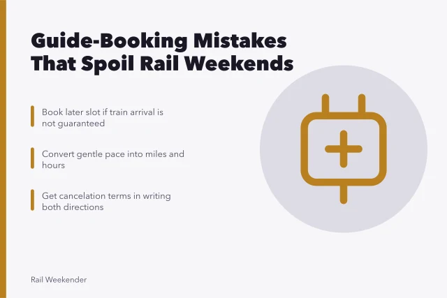 Card listing guide-booking mistakes that spoil rail weekends. Guide-booking mistakes that spoil a rail weekend, from vague terms to fixed starts
