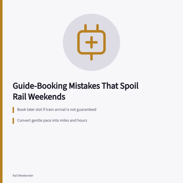 Card listing guide-booking mistakes that spoil rail weekends. Guide-booking mistakes that spoil a rail weekend, from vague terms to fixed starts