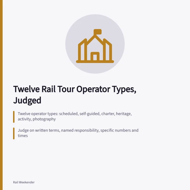 Card listing twelve rail tour operator types and judging criteria for trips. Twelve kinds of rail tour operator, and how to judge each one in 2027