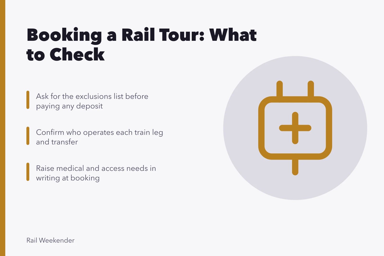 Checklist card for booking a rail tour before paying a deposit. Booking a rail tour: a grounded overview, updated for 2027