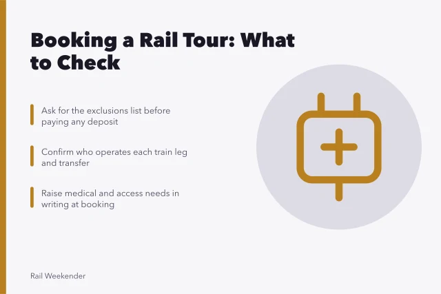 Checklist card for booking a rail tour before paying a deposit. Booking a rail tour: a grounded overview, updated for 2027