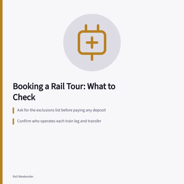 Checklist card for booking a rail tour before paying a deposit. Booking a rail tour: a grounded overview, updated for 2027