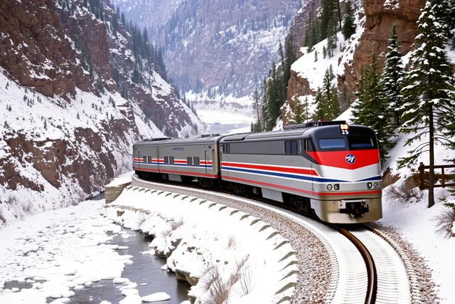 Amtrak California Zephyr train climbing snowy Rocky Mountain canyon beside frozen river in winter. What winter does to the California Zephyr and Empire Builder in the Rockies