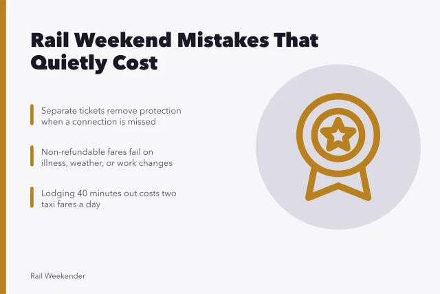 Card listing rail fare mistakes that add hidden weekend costs. Which fare errors and travel mistakes quietly add cost to a rail weekend?