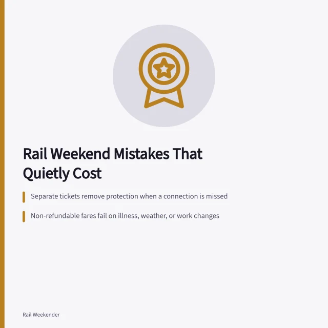 Card listing rail fare mistakes that add hidden weekend costs. Which fare errors and travel mistakes quietly add cost to a rail weekend?