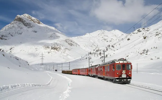 train, railway, snow, winter, railroad, nature, rail track, rail, transport, transportation, electric locomotive, locomotive, mountain railway, lagalb, bernina, bernina railway, sw