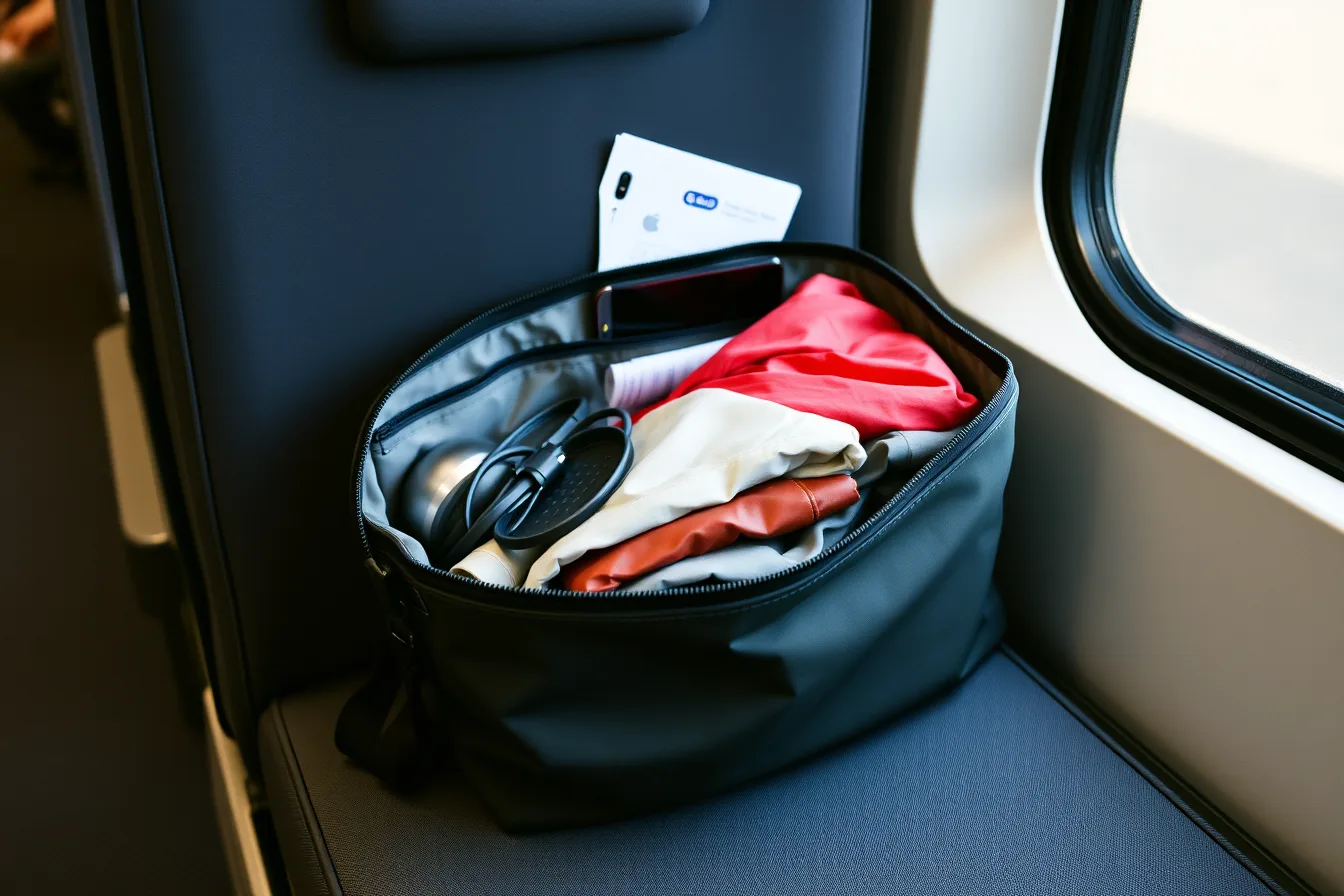 Small day bag packed with power bank, food and layers on a train seat. Does a regional rail day bag need more than power, food, and layers?