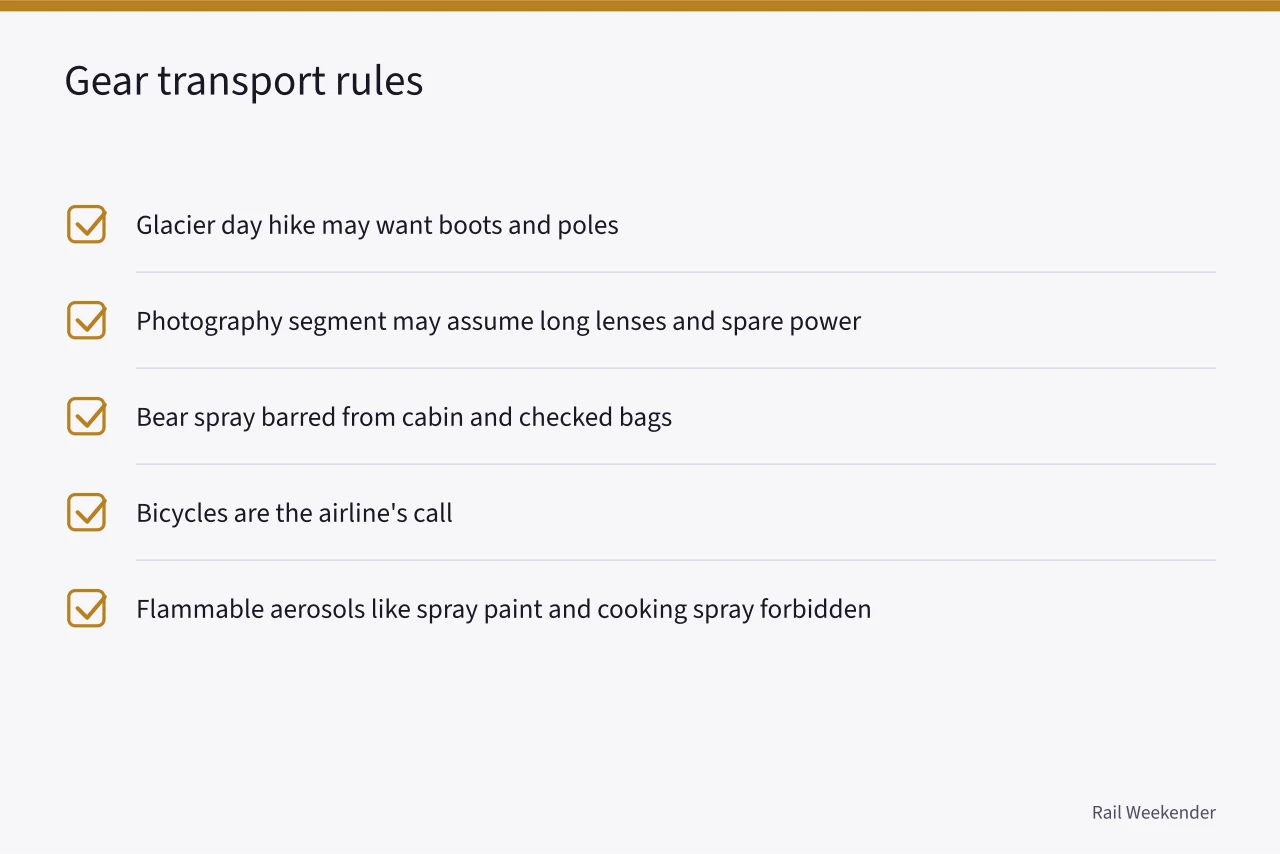 Checklist of gear and transport rules for rail tour add-ons (Two rail tour itineraries compared side by side with one fair scoring method)