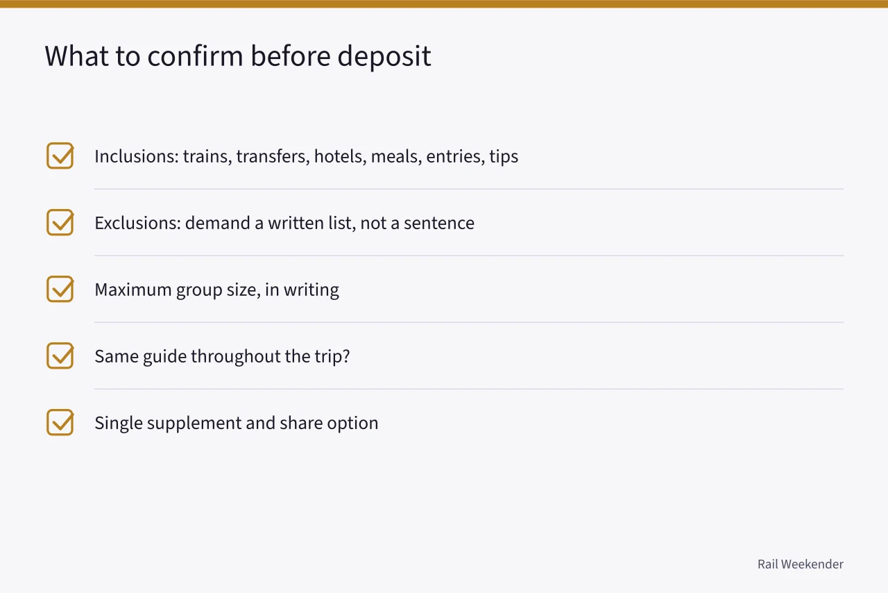 Checklist of inclusions, exclusions, group size, guide and supplement questions (Booking a rail tour: a grounded overview, updated for 2027)